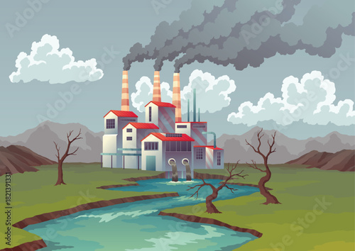 Pollution factory, plant pipes from which smoke comes out. Trash emission to river water. Landscape with nature ecology problem concept in flat style. Dirty waste water polluted environment