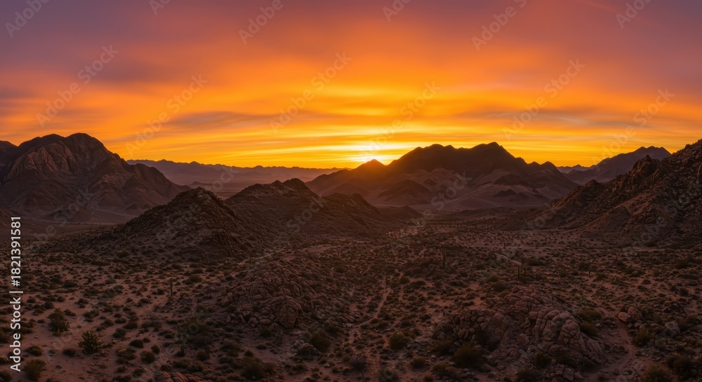 Naklejka premium Brilliant orange and yellow sunlight illuminates a vast, rugged desert mountain range at dusk.