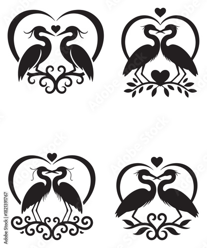 Valentine Heron Couple Heart Silhouette Romantic Vector Design.