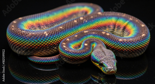 A stunning iridescent rainbow boa gracefully coiled, showcasing vibrant, shifting colors on scales