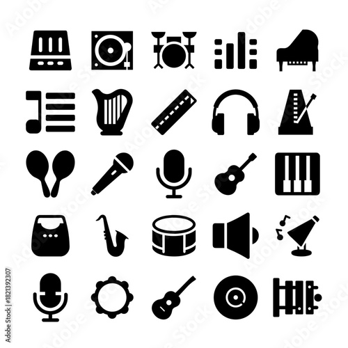 Musical Instrument Icons Set | Grand Piano Guitar Drum Set Saxophone Microphone Trumpet Xylophone Harp Maracas Headphones Metronome Speaker Record Mixer