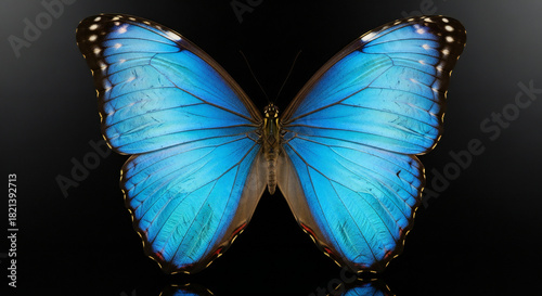Elegant blue morpho butterfly displays its iridescent wings, contrasted against a dark backdrop