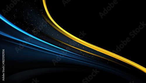 Abstract black design with blue & gold flowing lines and subtle particles
