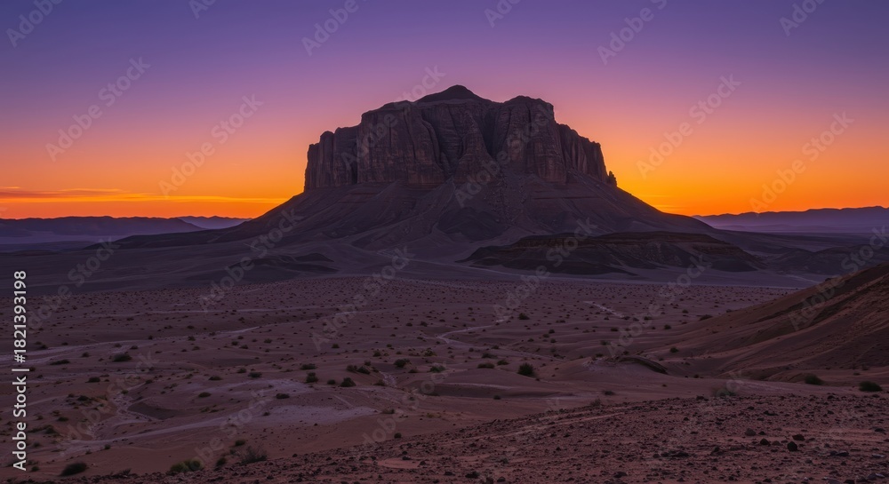Naklejka premium Dramatic desert mesa stands silhouetted against a vibrant twilight sky.