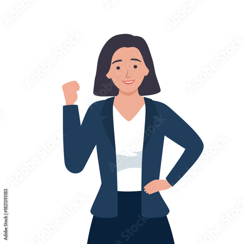 Power success and positive emotions concept. Smiling woman standing showing fist meaning success luck and achieving some goal vector illustration