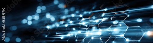 Abstract blue and white digital art depicts interconnected nodes and bokeh, futuristic aesthetic