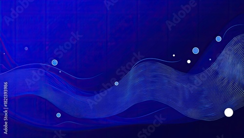 Abstract blue background featuring flowing wavy lines and floating circular shapes