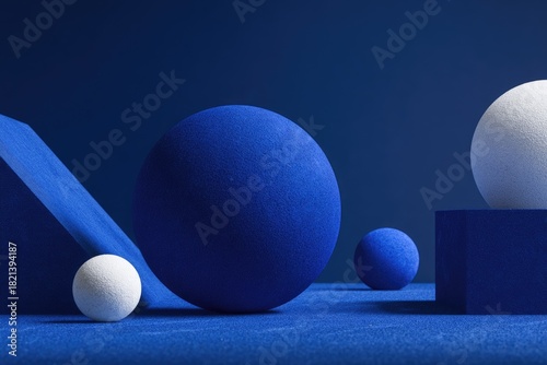Abstract blue composition with spherical and geometric shapes on textured surface
