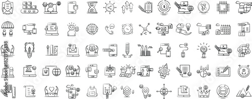 Collection of business and marketing icons in a hand drawn silhouette style.