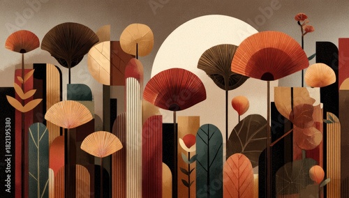 Abstract botanical art with stylized trees, sun, and earthy tones
