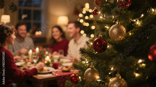 Festive Christmas tree on home with family having christmas dinner background