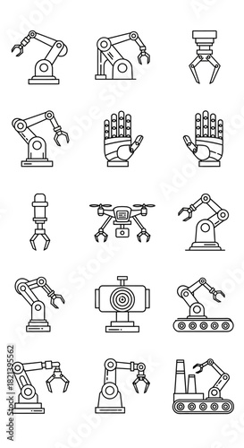 Collection of Industrial Robotic Arm and Gripper Icons.