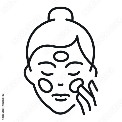 An icon of a woman carefully applying cream to her face, performing a skincare ritual aimed at achieving healthy, radiant skin. The simple linear icon emphasizes self-care.