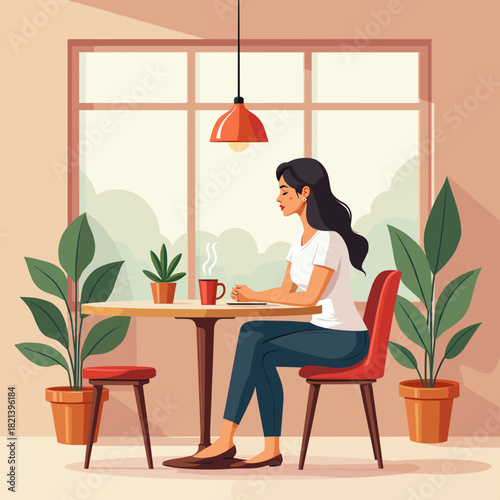 Woman sitting alone in cafe with plants and a mug of coffee  