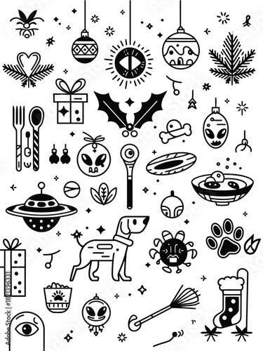 Doodle icon set with festive, holiday, and quirky elements like aliens and dogs isolated on white background, Vector, illustration
