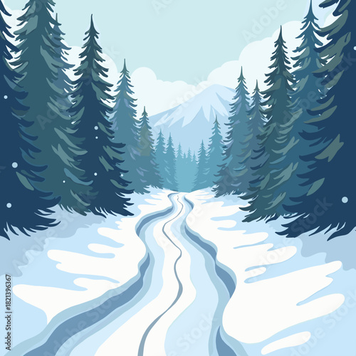 Snow trail in forest with evergreen trees and mountains in winter  