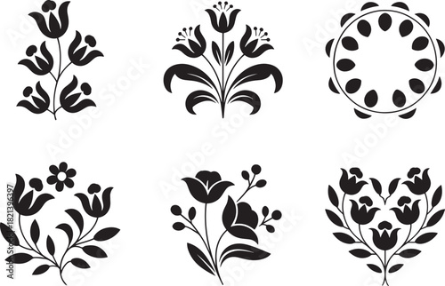 Elegant black floral designs set, ornamental vector collection