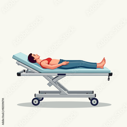 Person on gurney lying down with relaxed expression on white background  