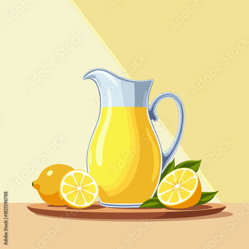 Lemonade pitcher on table with whole and sliced lemons  