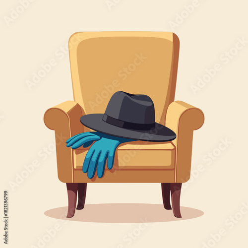 Hat and gloves on chair with yellow upholstery in minimalist style  