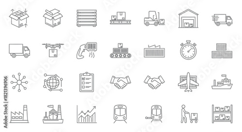 Collection of Line Art Logistics and Transportation Icons in Monochrome Style.