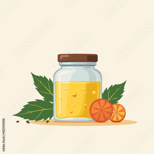 Jar with herbal extracts and citrus slices in flat design style  