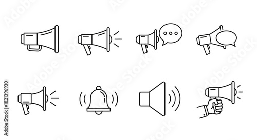 Collection of Line Art Megaphone and Bell Icons Representing Communication and Alerts.