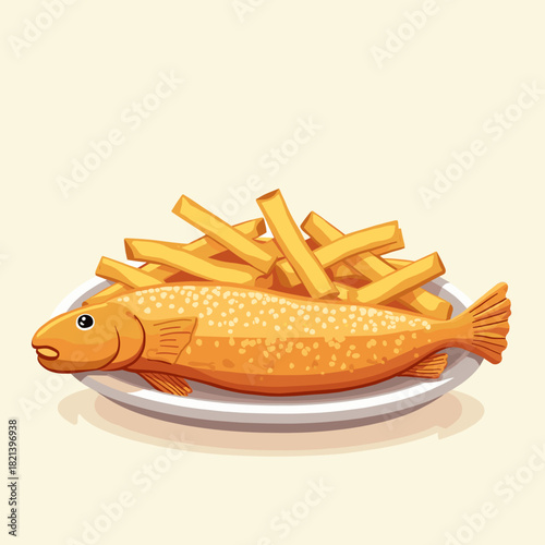 Fish and chips portion with crispy fish and golden fries on plate  