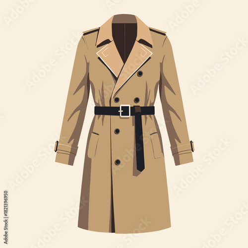 Trench coat with belt in beige color on neutral background  