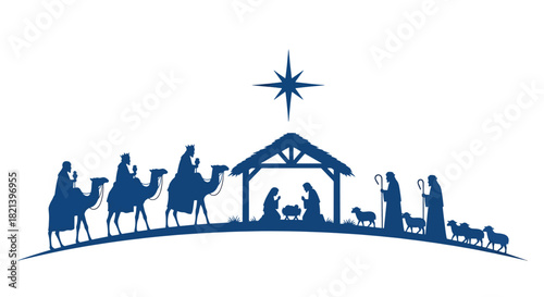 Nativity scene silhouette with three wise men isolated on transparent background