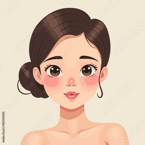 A young woman with pink blush on her cheeks against a neutral background  