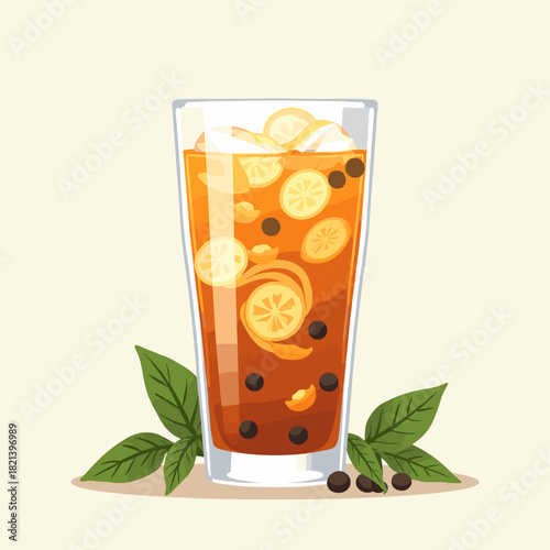 Iced herbal infusion with lemon slices and mint leaves on table  