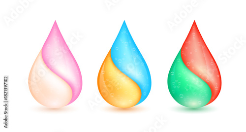 Vitamins droplet and collagen solution with atoms and molecules are inside isolated on white background for designing cosmetic products. Medical scientific concepts. 3D Vector.