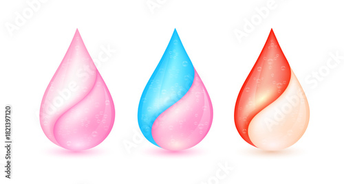 Collagen solution and vitamins droplet with atoms and molecules are inside isolated on white background for designing cosmetic products. Medical scientific concepts. 3D Vector.