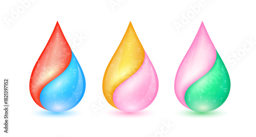 Vitamins droplet and collagen solution with atoms and molecules are inside isolated on white background for designing cosmetic products. Medical scientific concepts. 3D Vector.