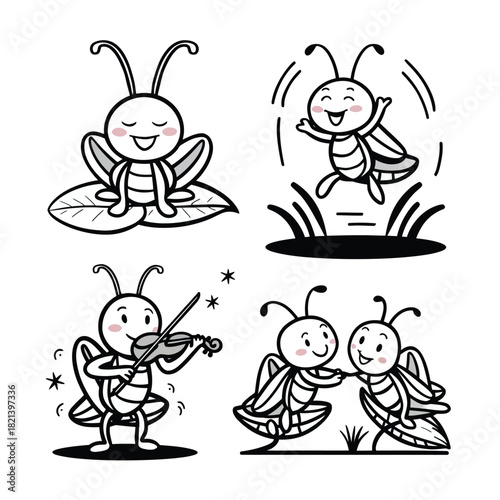 Cute cartoon insects in four different playful poses on white background, vector isolated on white background, Vector, illustration