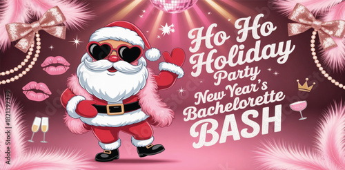 Coquette-style Christmas and New Year poster with funny dancing Santa, heart glasses, glitter bows, pearl strings, cute girly icons, romantic pink glow