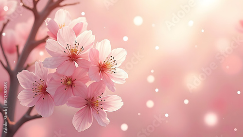 淡いピンクの桜の花と優しい光の背景イメージ｜Soft Pink Cherry Blossoms with Gentle Light Background