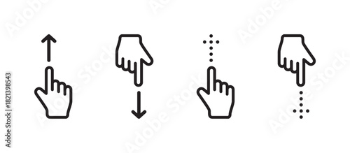 Swipe and scroll gesture icons set with hand pointer and directional arrows