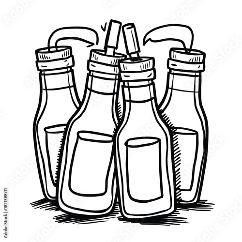 Hand drawn sketch of four glass bottles with straws, isolated on white background isolated on white background, Vector, illustration