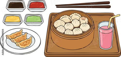 Dumpling and Gyoza Wooden Tray Vector Illustration, Asian Meal with Colorful Sauces and Pink Drink