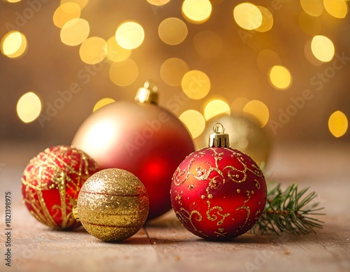 red christmas balls on golden background