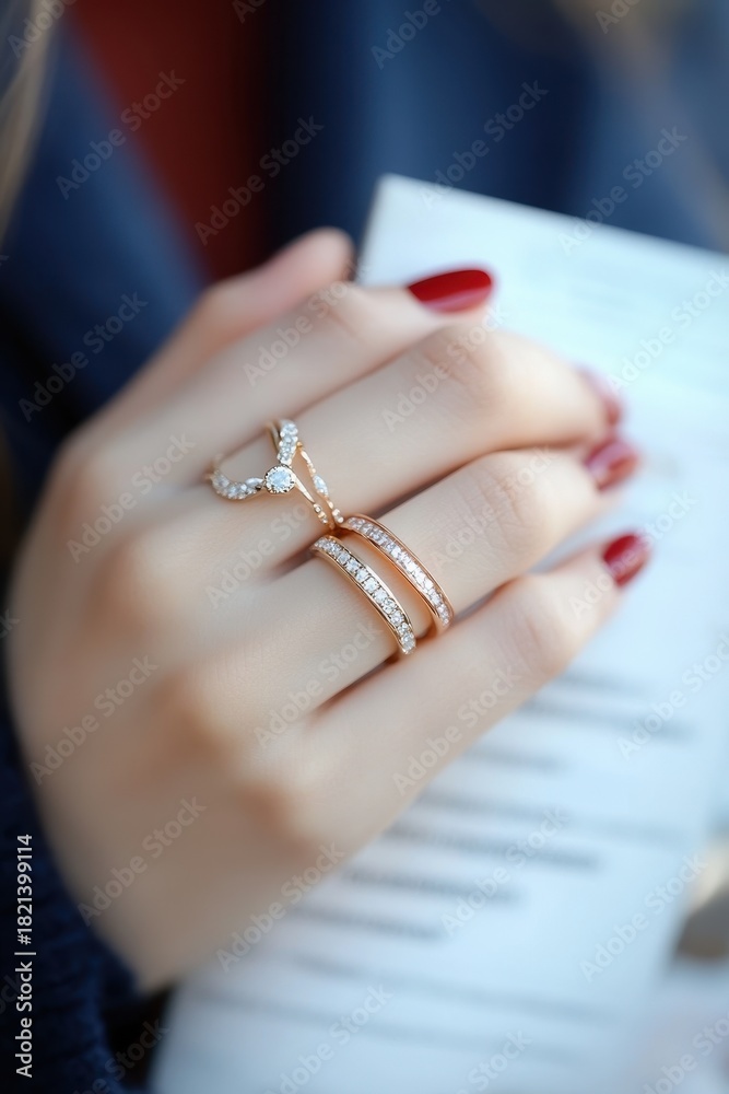 Obraz premium A woman's hand adorned with elegant gold rings featuring sparkling diamonds