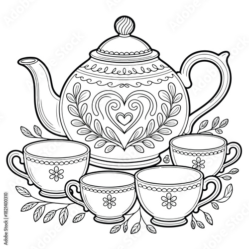 Traditional porcelain teapot and cup set for hot breakfast drink isolated on white