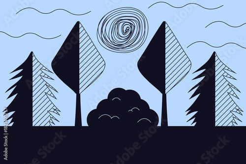 Modern vector doodle forest with spruce and hand drawn tree. Child vector illustration hand drawn forest with fir tree sun. Ideal kid room decor nursery poster idea. EPS 10 