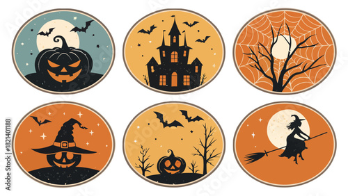 Spooky Halloween illustrations with pumpkins, bats, witch & haunted house for festive designs. Vector origin