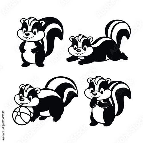 Cute cartoon skunk collection with different poses and a ball isolated on white isolated on white background, Vector, illustration