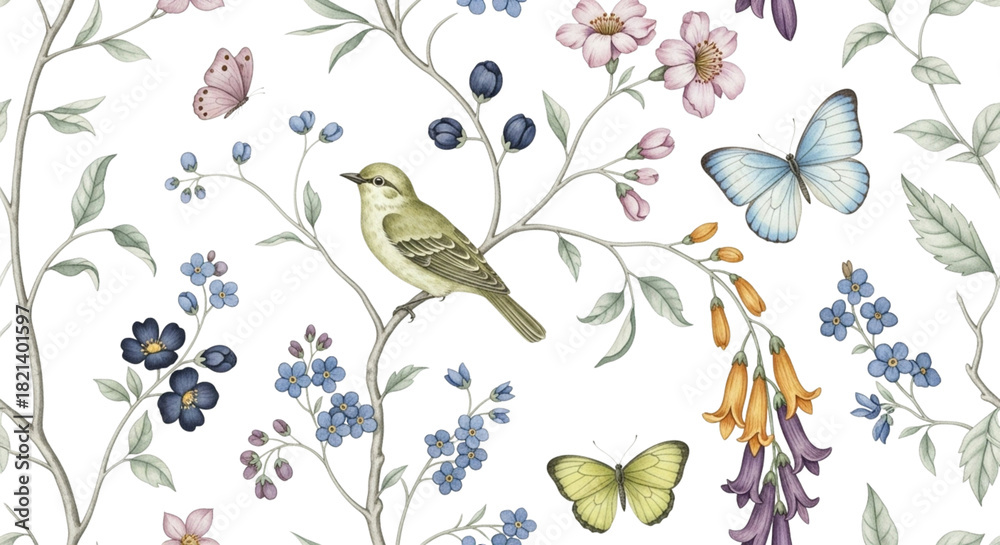 Fototapeta premium Watercolor illustration of a small green bird perched on a flowering branch with blue and pink blossoms, surrounded by butterflies and berries on a transparent background, isolated on transparent back