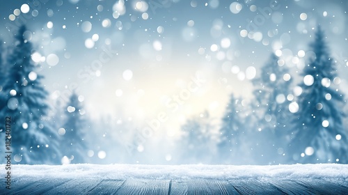 Snowy winter landscape background with soft bokeh, a serene and elegant snowy scene designed as a versatile template for product presentations and seasonal showcases.