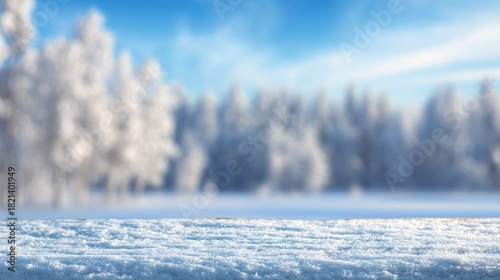Snowy winter landscape background with soft bokeh, a serene and elegant snowy scene designed as a versatile template for product presentations and seasonal showcases.